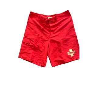Men’s Sz 32 Board Swim Shorts "Lifeguard", 8 Inch Inseam Length‎ Red